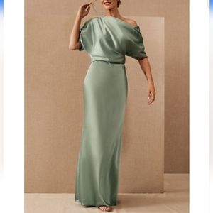 BHLDN Amsale Pryce Off-Shoulder Satin Column Gown P359S The Slouch Dress in Jade